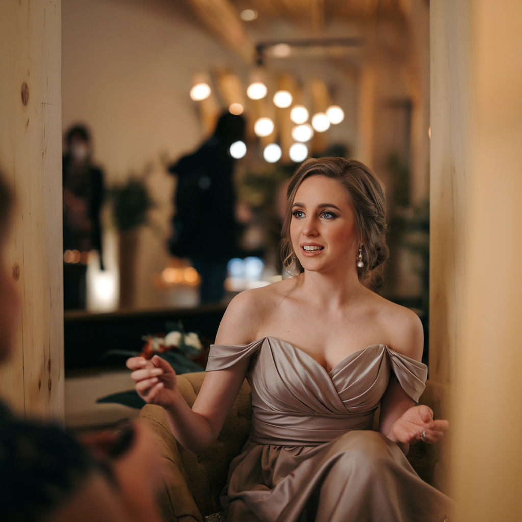 A photo of an introvert at social event sitting in a quiet corner of a room. She is wearing a beautiful dress and has her hair styled. She is chatting with someone off-camera. The background is blurred