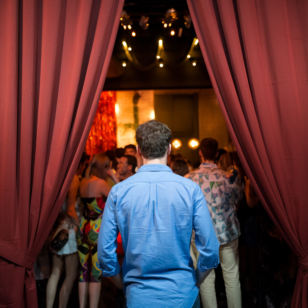 A photo of an introvert standing at the entrance of a party. The introvert is wearing a blue shirt and has his hands in his pockets. He is standing in front of a large red curtain. The background is filled with party-goers wearing various colorful outfits