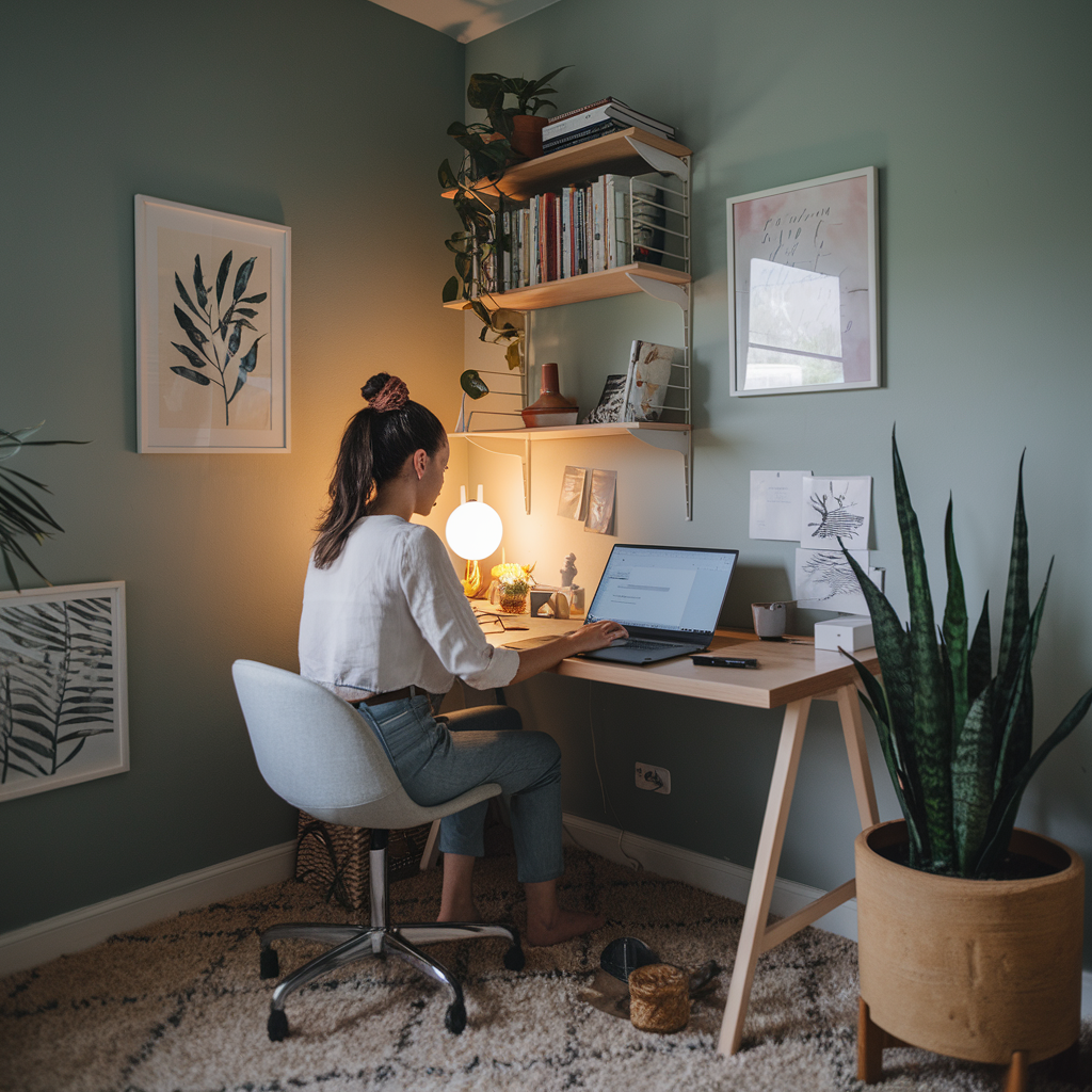 A shot of an introvert working in her cozy and minimalistic workspace, set up for productive Pomodoro sessions. She is sitting at a desk with a laptop, a plant, and a few personal items. The walls are painted in a calming color. There's a small bookshelf with books and a lamp. The floor is covered with a soft rug. The lighting is warm.