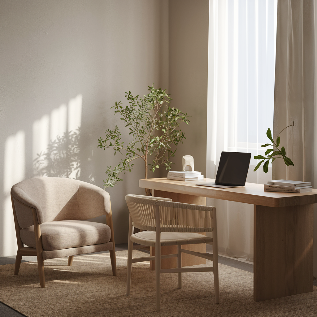 A minimalist cozy remote workspace with natural light filtering through the window. The room has a single plant and neutral colors. There is a wooden desk with a laptop and a few books. There's a comfortable chair next to the desk. The walls are painted in a soft gray color. The floor is covered with a beige rug.