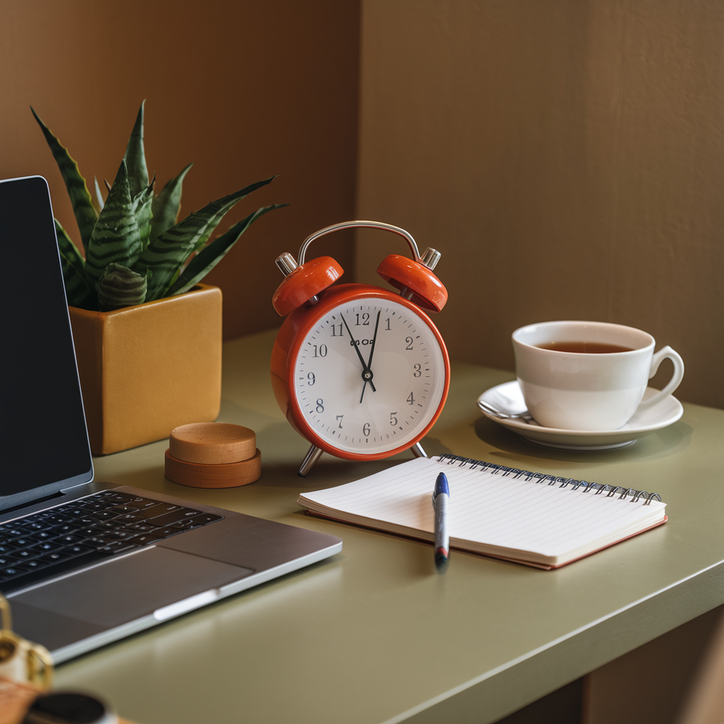 A photo of a classic Pomodoro timer on a tidy desk. The desk contains a laptop, a notebook, a cup of tea, and a plant. The background is warm and neutral colours