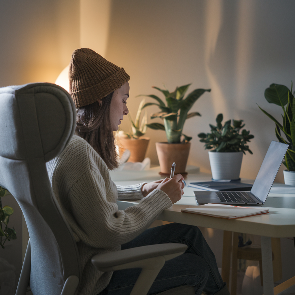 introvert working in her cozy and minimalistic workspace. She is sitting in a chair with a backrest, facing a table. On the table, there's a laptop, a notepad, and a pen. The room has soft lighting and is decorated with a few potted plants. The introvert is wearing a beanie and a sweater.