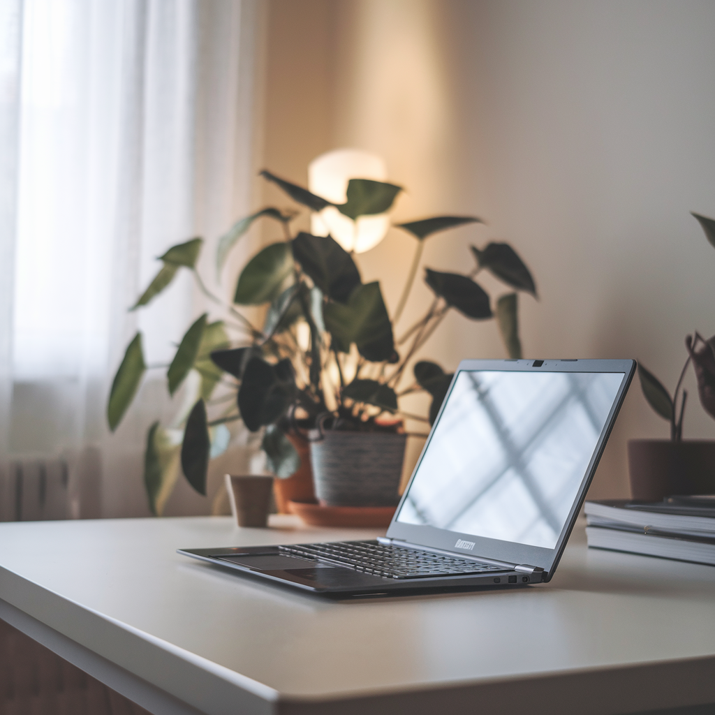 minimalist home office setup with a laptop on a clean desk. There is a plant in the background. The room has soft lighting and is decorated in neutral colors. The overall vibe is peaceful, quiet, and conducive to focused work. Less