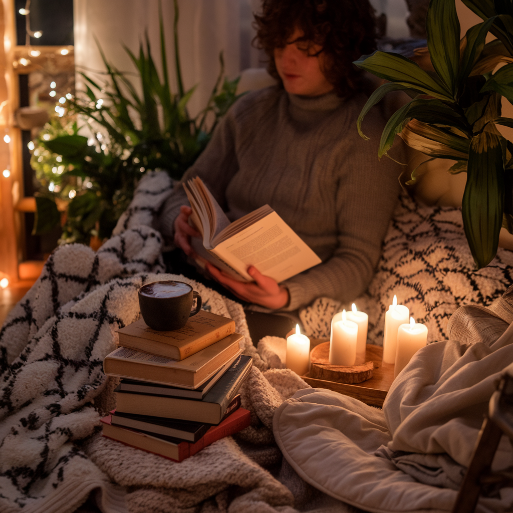 a person reading by candlelight in a cozy reading nook, surrounded by soft blankets, a stack of books, and a warm hot chocolate. The setting is a cottage with warm lighting and plants. The overall atmosphere represents hygge. Less
