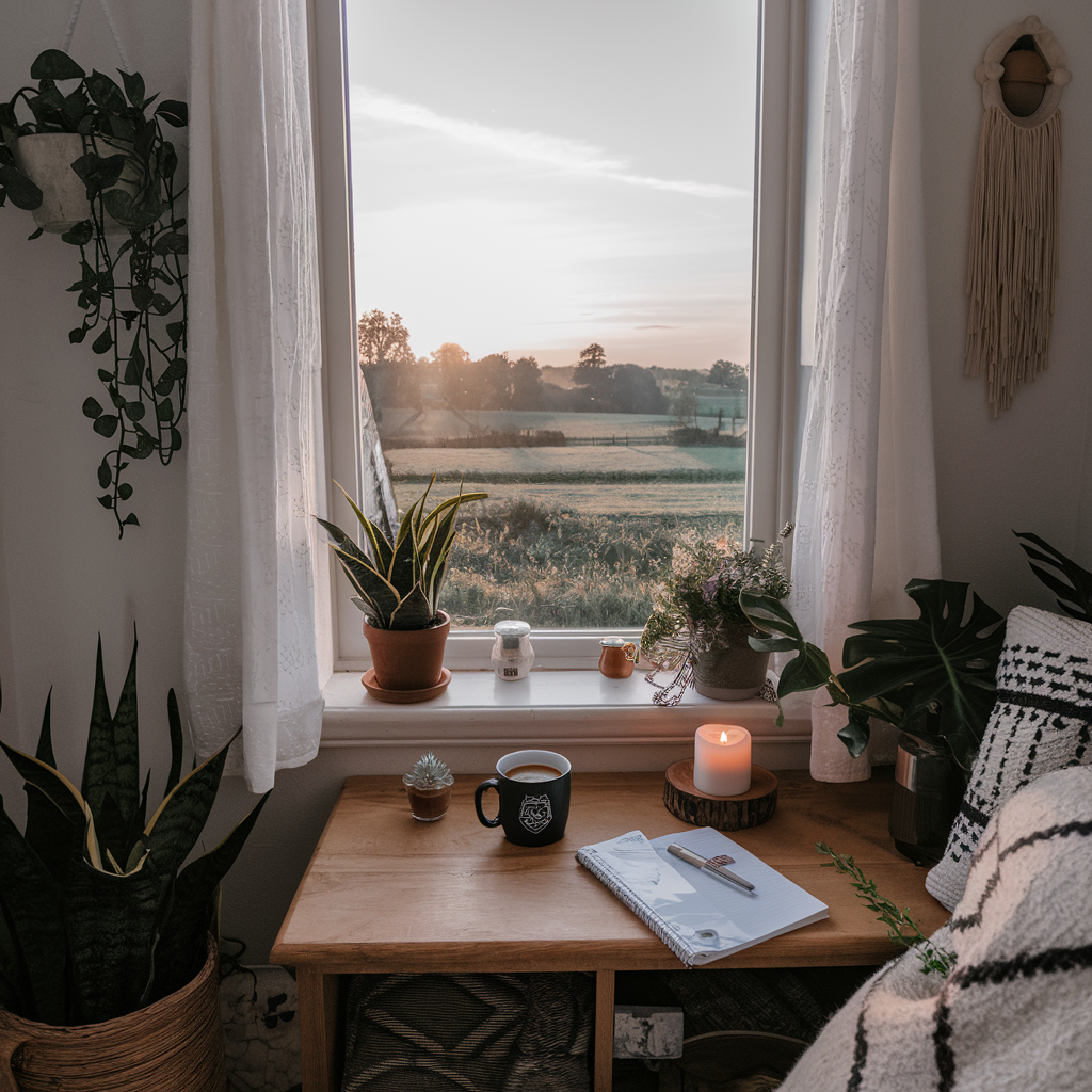 a peaceful morning scene in a cottage by a window in the countryside. There's a mug of coffee, a journal, and a candle on a wooden table near the window. The sun is just rising, casting a soft light into the room. The walls are adorned with plants and a decorative item. The floor is covered with a rug. The overall ambiance is warm and inviting, with a hygge style.