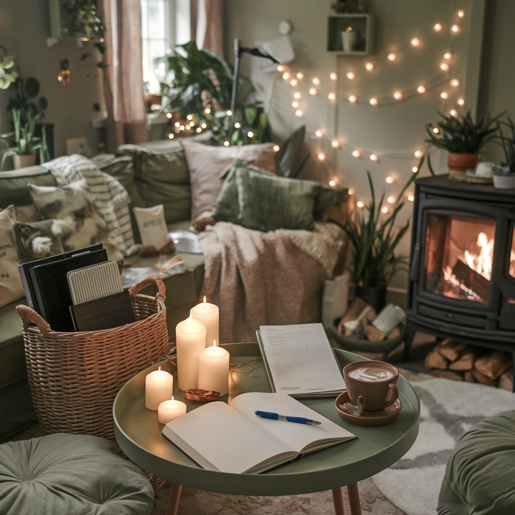 A photo of a hygge-style living room in a cottage. There are fairy lights, candles, and soft mood lighting. There's a basket for tech to put away, a table with a book, journal, pen, and a cup of hot chocolate. There's a sofa next to a cozy log fire with blankets and soft cushions. The room has muted greens and beige colors.