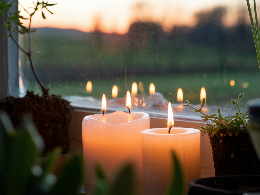  candles lit on a windowsill during sunset. The soft natural light illuminates the candles, casting a warm glow over the scene. There is a countryside view in the background, with rolling hills and a few trees. There are also plants on the windowsill, including a small pot with soil and a few green stems.