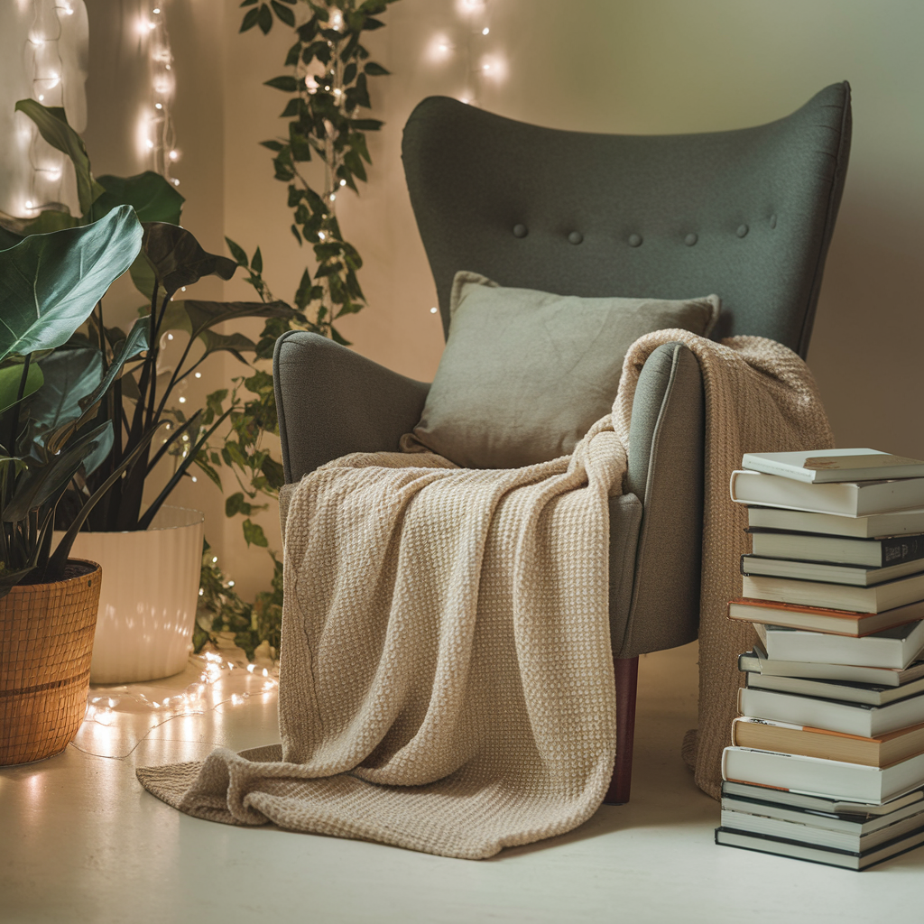 cozy reading nook with a stack of books and a blanket