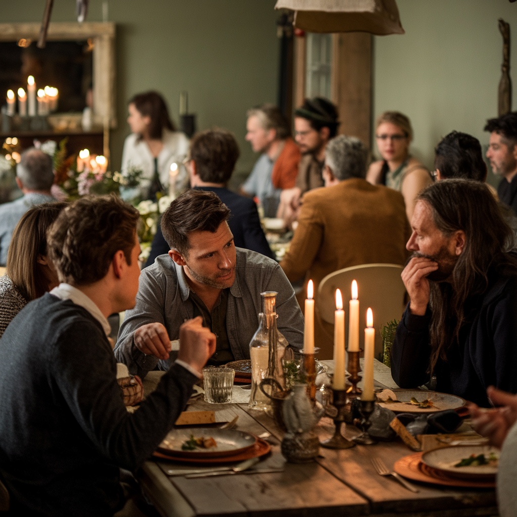 An introvert is engaging in a deep one-on-one conversation with another guest. The background is filled with other guests. The room has a muted green color scheme. There are candles on the table, and the table is set with rustic plates and utensils.