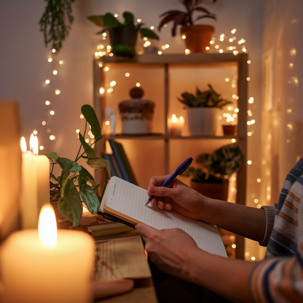 hands journaling in a cozy cottage with a hygge vibe. The room has warm lighting from fairy lights and candles. There are plants in the room. The background contains a wooden shelf with more plants and decorative items. The overall ambiance is serene and comforting.