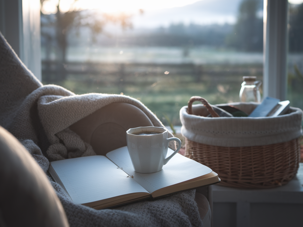 A peaceful morning scene with coffee, journal, and a cottage by a window in the countryside. The sun is just rising, casting a soft light on the scene. There is a blanket on the chair and a basket with items. The background reveals a serene landscape with trees and mountains. The lighting is warm and inviting, with a hygge style.