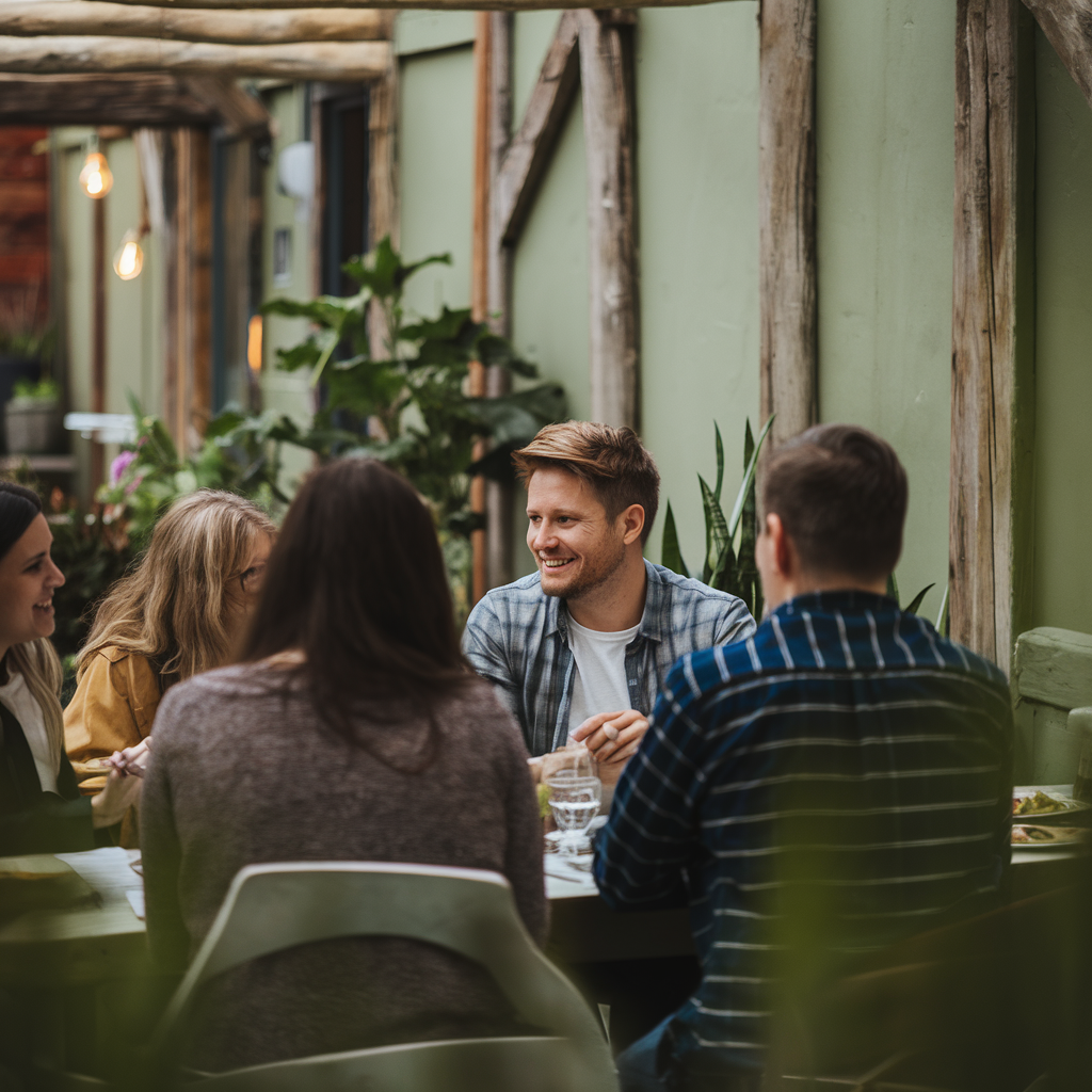 an introvert engaging at a low-pressure cozy dinner party in a country cottage setting with muted greens and rustic elements. The introvert is sitting at a table with a few other people. The background contains rustic elements like wooden beams and a few potted plants. The lighting is soft.