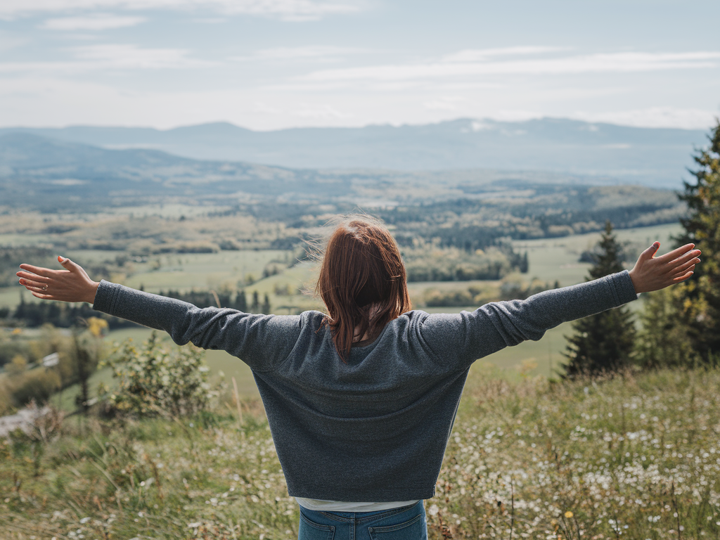 A thriving introvert with their arms wide open, standing on a hill in the countryside. They are wearing a grey sweater and jeans. The introvert is looking out at the vast landscape of fields, trees, and mountains. The sky is clear with a few clouds. The grassy ground is covered with wildflowers. The introvert is smiling, indicating happiness and contentment.