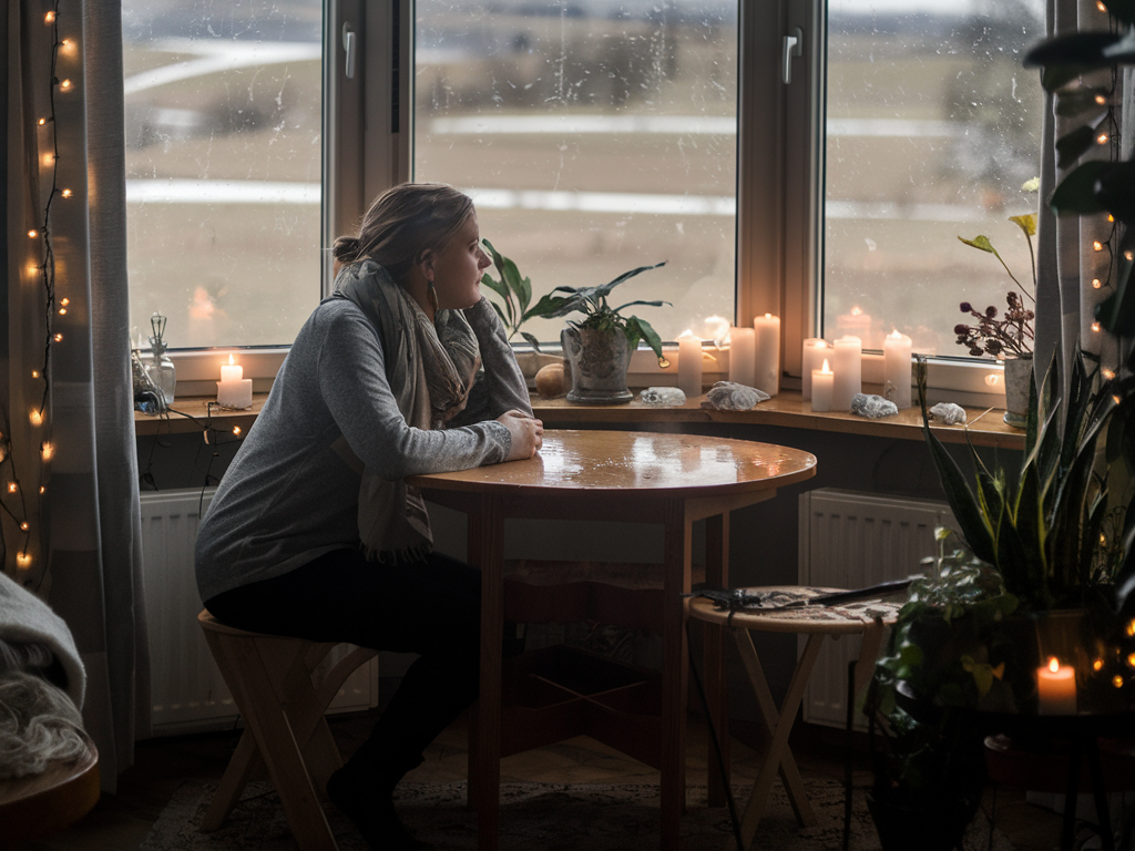 A Introvert with burnout sitting at a wooden table looking out of the window contemplating the week ahead in a warm, cozy room with soft lighting. The window has a few raindrops falling on it. The room has fairy lights, candles, and plants. The person is wearing a gray sweater and a scarf. The person is gazing out the window into the cold countryside with a snowy landscape. The floor is covered with a rug.