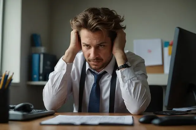 introvert man experiencing burnout at work sitting at his desk looking in despair and stressed out with his computer next to him