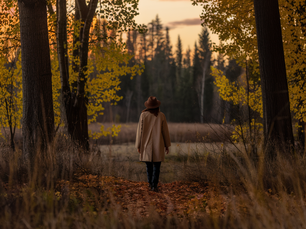 solitary figure walking through a peaceful natural setting like a forest at golden hour. indicating the benefits if mindful minimalism for introverts The figure is wearing a beige coat and a brown hat. The forest has tall trees with yellow leaves. The ground is covered with fallen leaves. The sky has warm hues of orange and pink. 
